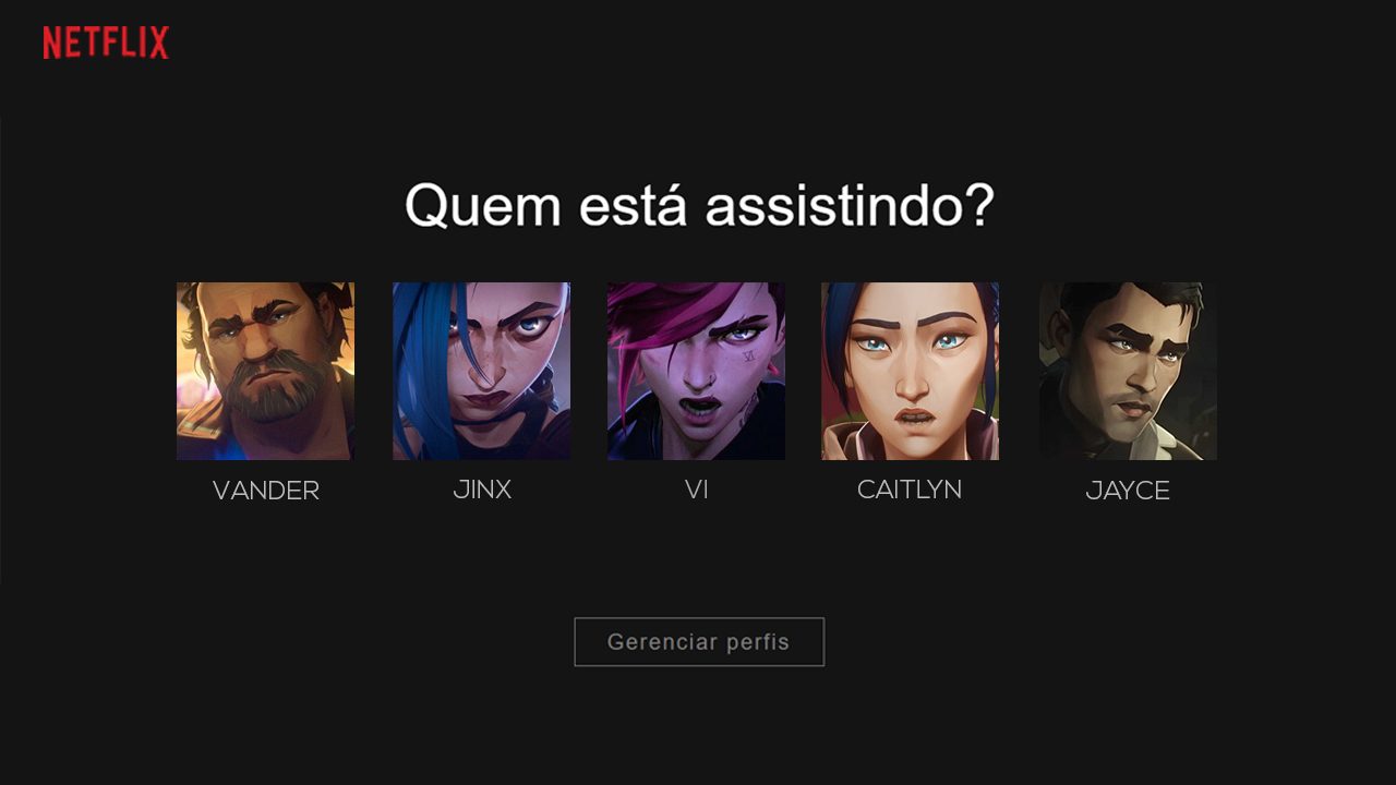 Post imitando a tela de perfis da Netflix com os personagens de Arcane